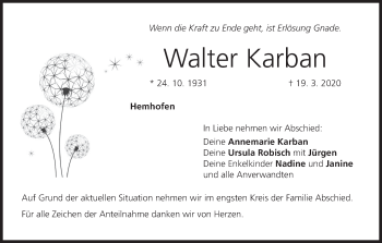 Anzeige von Walter Karban von MGO