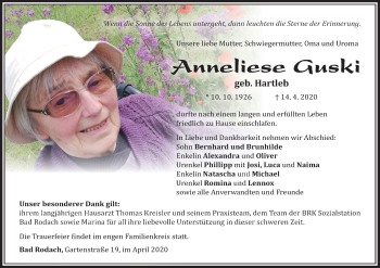 Anzeige von Anneliese Guski von MGO
