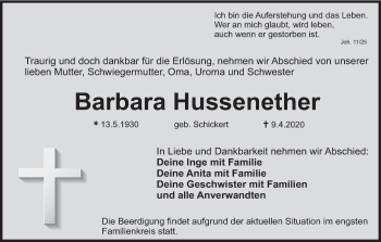 Anzeige von Barbara Hussenether von MGO