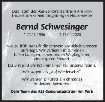 Anzeige von Bernd Schwesinger von MGO