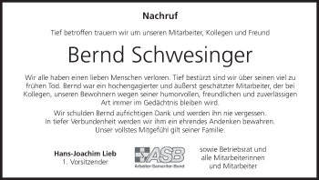 Anzeige von Bernd Schwesinger von MGO