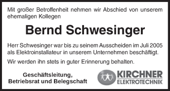 Anzeige von Bernd Schwesinger von MGO