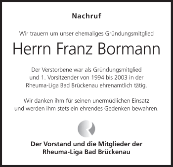 Anzeige von Franz Bormann von MGO