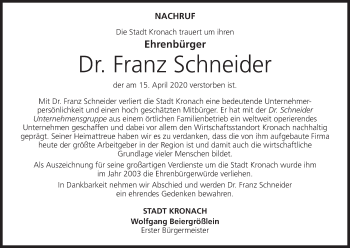Anzeige von Franz Schneider von MGO