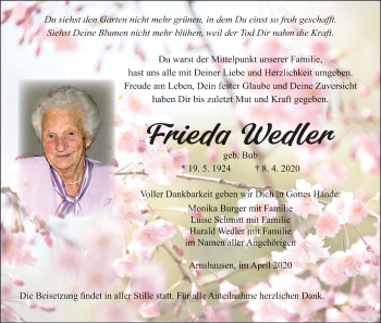 Anzeige von Frieda Wedler von MGO