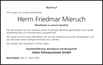 Anzeige von Friedmar Mieruch von MGO