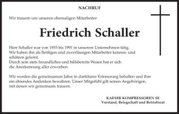 Anzeige von Friedrich Schaller von MGO