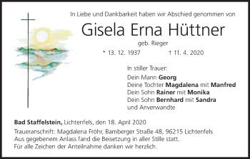 Anzeige von Gisela Erna Hüttner von MGO