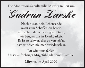 Anzeige von Gudrun Zarske von MGO