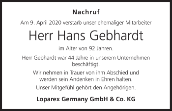 Anzeige von Hans Gebhardt von MGO