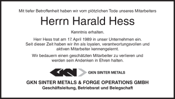 Anzeige von Harald Hess von MGO