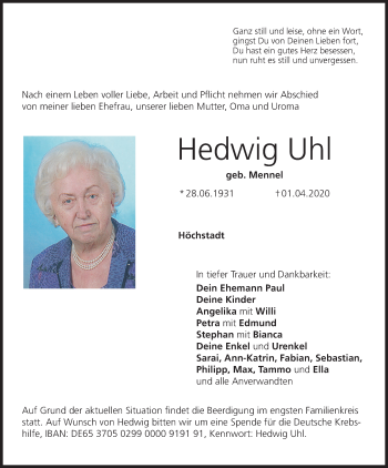 Anzeige von Hedwig Uhl von MGO