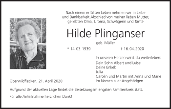 Anzeige von Hilde Plinganser von MGO