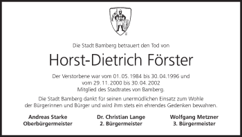 Anzeige von Horst-Dietrich Förster von MGO