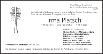 Anzeige von Irma Platsch von MGO