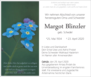 Anzeige von Margot Blinzler von MGO