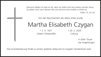 Anzeige von Martha Elisabeth Czygan von MGO