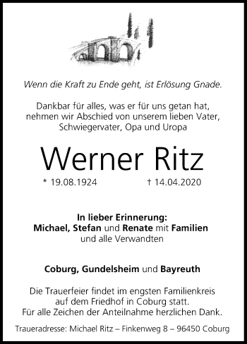 Anzeige von Werner Ritz von MGO