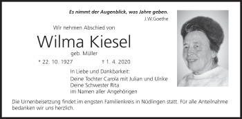 Anzeige von Wilma Kiesel von MGO
