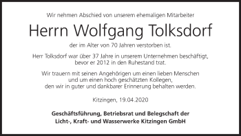 Anzeige von Wolfgang Tolksdorf von MGO