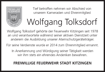 Anzeige von Wolfgang Tolksdorf von MGO