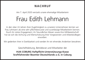 Anzeige von Edith Lehmann von MGO