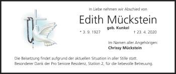 Anzeige von Edith Mückstein von MGO