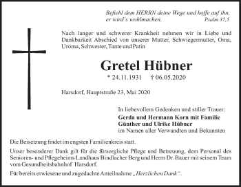 Anzeige von Gretel Hübner von MGO