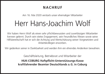 Anzeige von Hans-Joachim Wolf von MGO