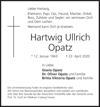 Anzeige von Hartwig Ullrich Opatz von MGO