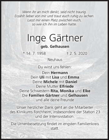 Anzeige von Inge Gärtner von MGO