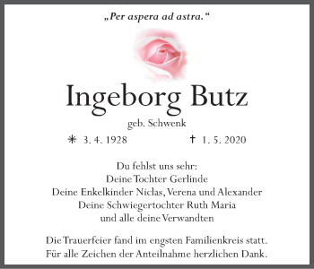 Anzeige von Ingeborg Butz von MGO