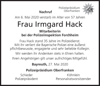 Anzeige von Irmgard Hack von MGO
