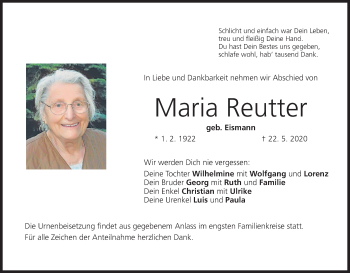 Anzeige von Maria Reutter von MGO