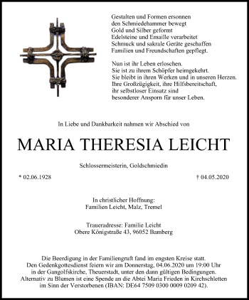 Anzeige von Maria Theresia Leicht von MGO