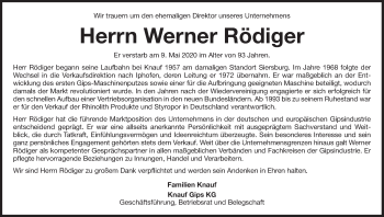 Anzeige von Werner Rödiger von MGO