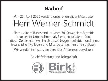 Anzeige von Werner Schmidt von MGO