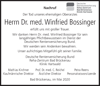 Anzeige von Winfried Bossinger von MGO