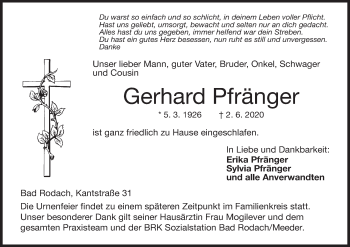 Anzeige von Gerhard Pfränger von MGO