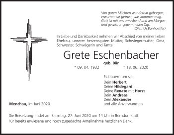 Anzeige von Grete Eschenbacher von MGO