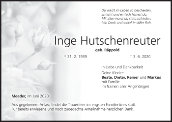 Anzeige von Inge Hutschenreuter von MGO