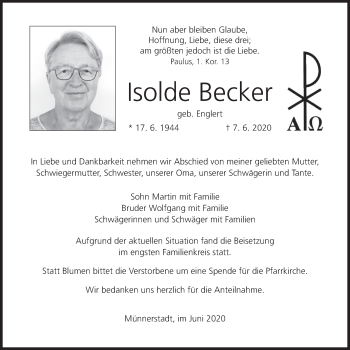 Anzeige von Isolde Becker von MGO