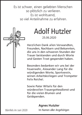 Anzeige von Adolf Hutzler von MGO