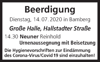Anzeige von Beerdigungen vom 14.07.2020 von MGO