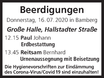 Anzeige von Beerdigungen vom 16.07.2020 von MGO