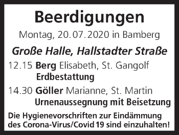 Anzeige von Beerdigungen vom 20.07.2020 von MGO