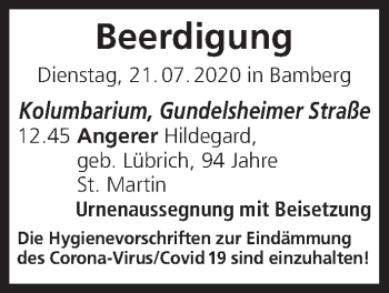 Anzeige von Beerdigungen vom 21.07.2020 von MGO