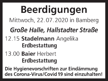 Anzeige von Beerdigungen vom 22.07.2020 von MGO