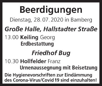 Anzeige von Beerdigungen vom 28.07.2020 von MGO
