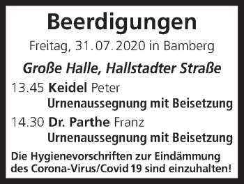 Anzeige von Beerdigungen vom 31.07.2020 von MGO